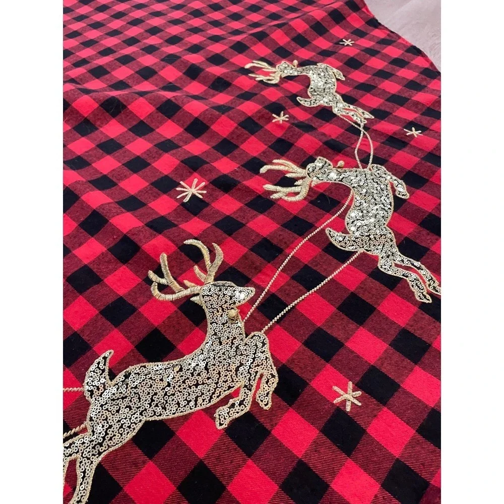 Jingles Joy Red Black Buffalo Plaid‎ Christmas Tree Skirt Santa Sleigh Reindeer